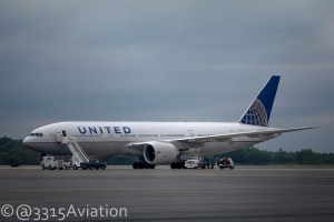 A United Boeing 777-200 sits on the ramp in Bangor after diverting due to bad weather in Newark.