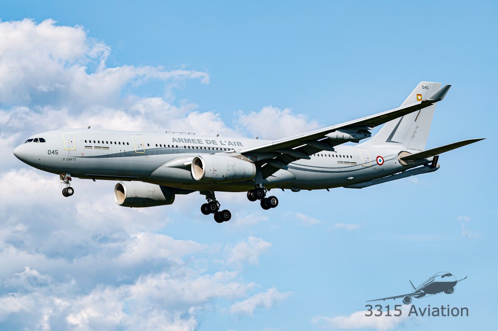 The Airbus A330 MRTT operated by the French Air Force about the land at Bangor International Airport.